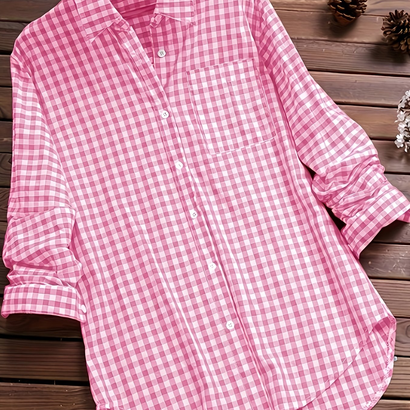 Image of Ladies' Long-sleeve Vintage Casual Shirt | Spring/fall Season, Lapel Collar, Pocket Detail