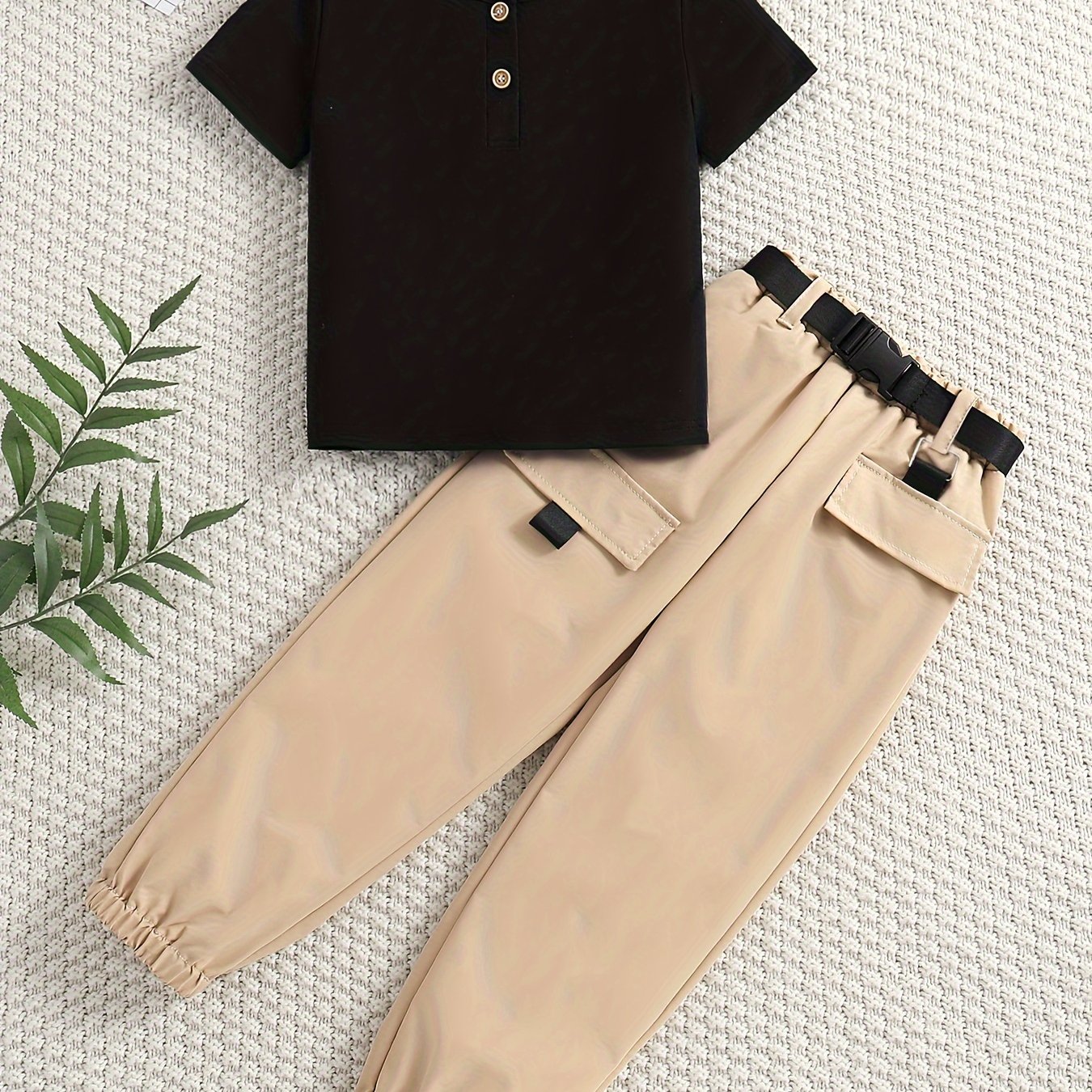 Verynew Boys' Basic Button-up Summer Knit Short Sleeve Top, Kids' Casual Athletic Irregular Rubber Band Cargo Pants With Belt, For Outdoor