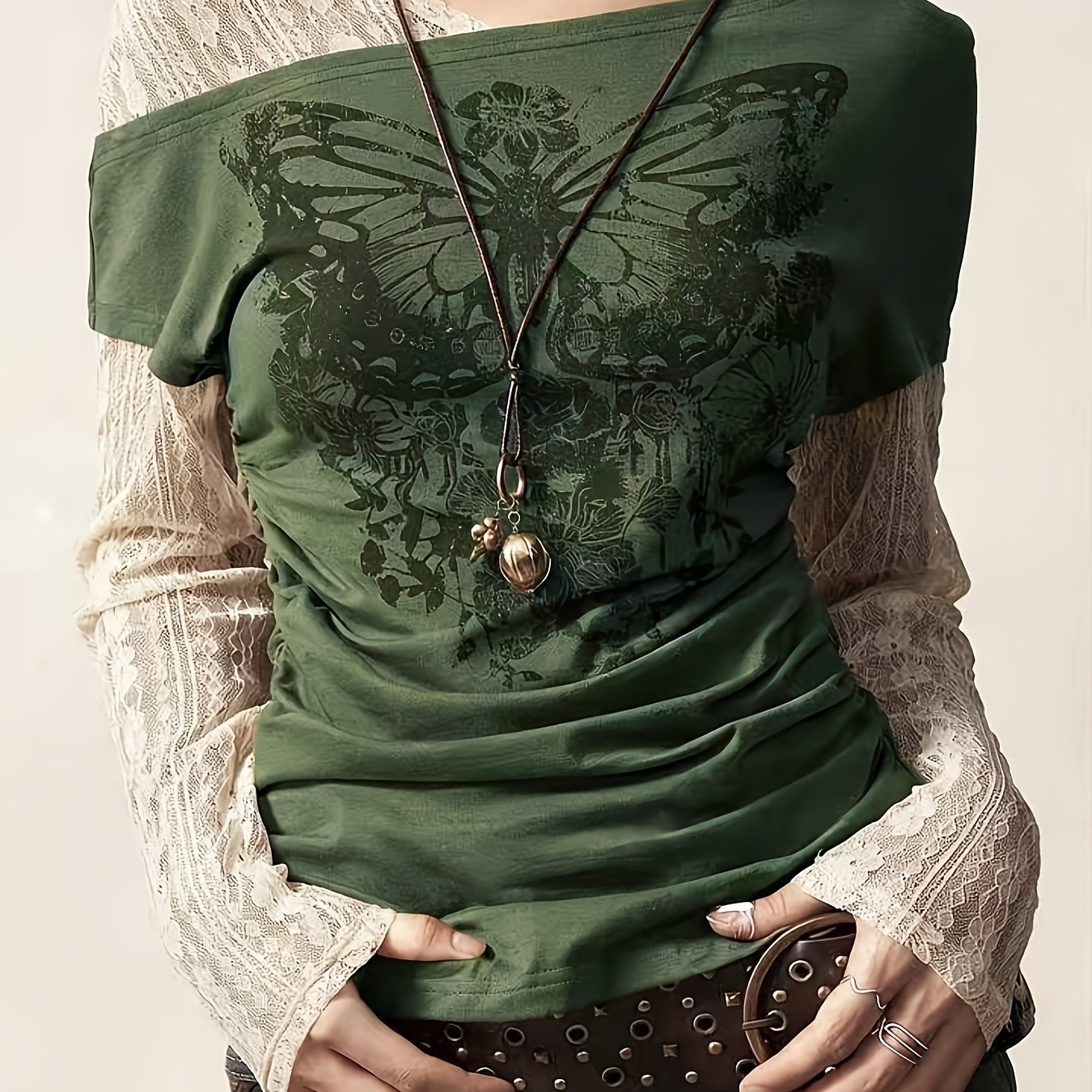 TEMU Fashionable Casual Stretchy Lace Printed Two-piece Long Sleeve T-shirt