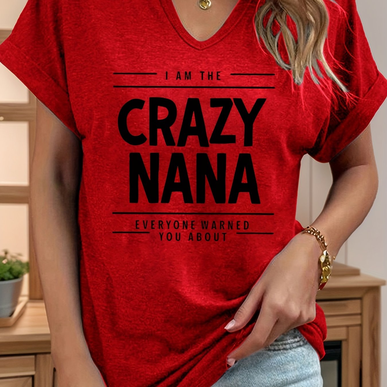 TEMU Women's Short Sleeve V-neck Roll-up Sleeve Alphabet Print Polyester Knit Fabric Summer Casual Tops