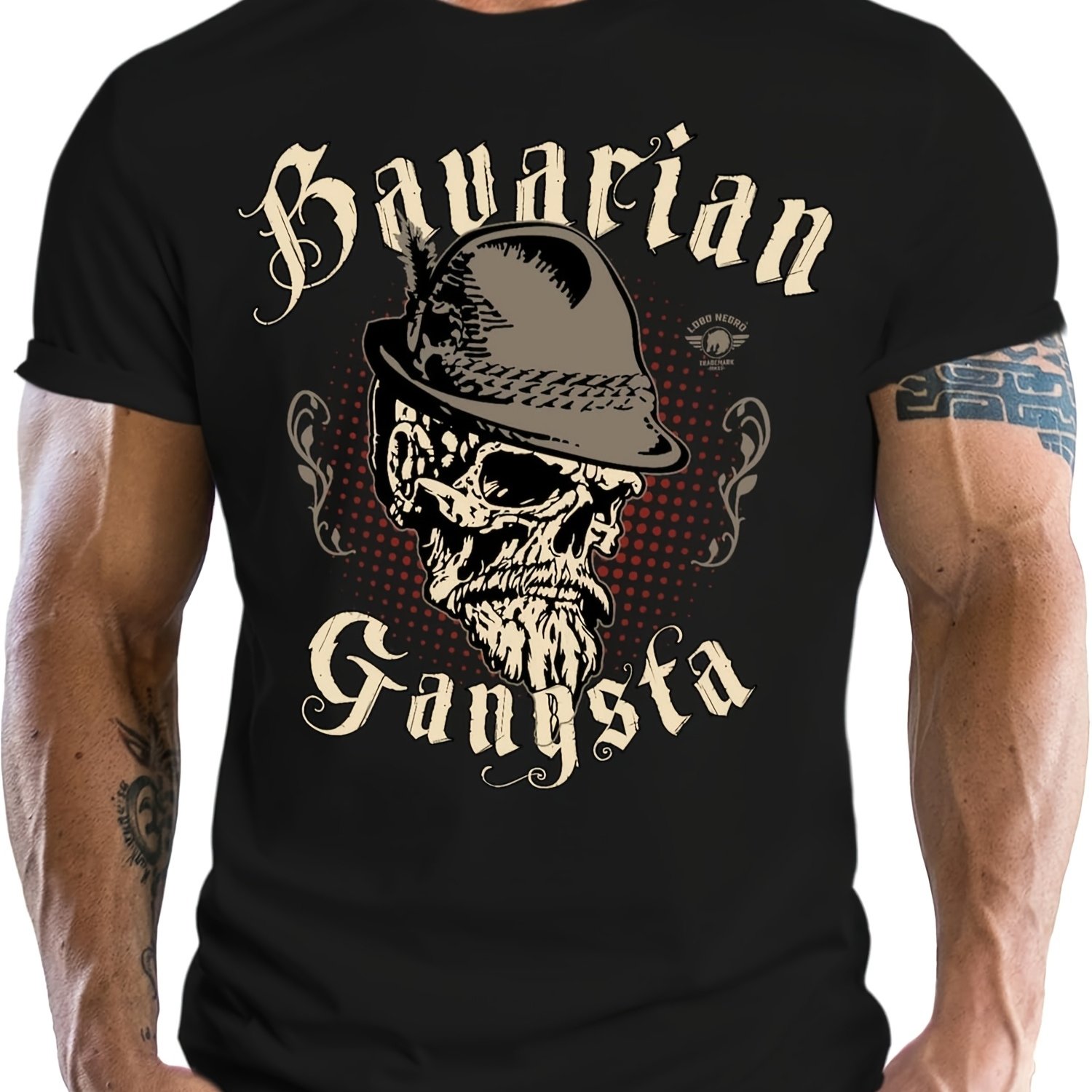 Plus Size Men's Gangsta Graphic T-shirt-black With Red& Golden Accents, Skull& Top Hat Design, Casual Crew Neck Tee Sports Fans, Fit, Casual Wear , Plus Size