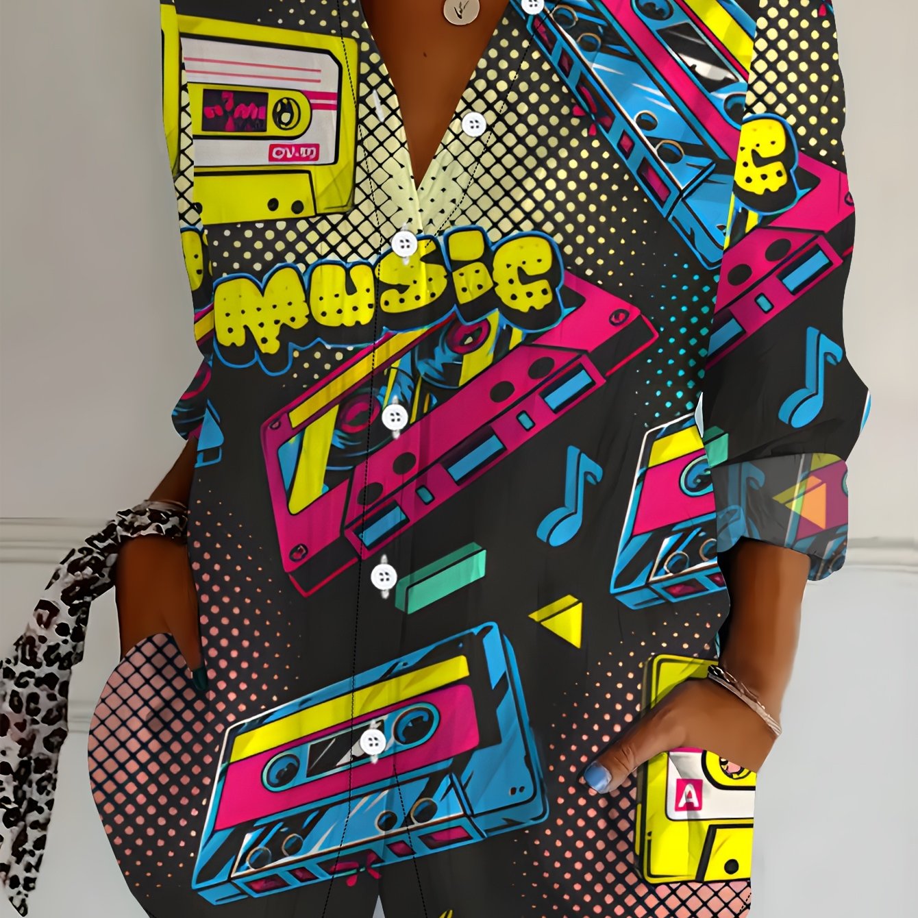 TEMU Plus Size, Plus Size Women's Long Sleeve Shirt, Trendy Printed Loose Fit Shirt With Cassette Tape Element, Midi-length Lapel Shirt For Women,