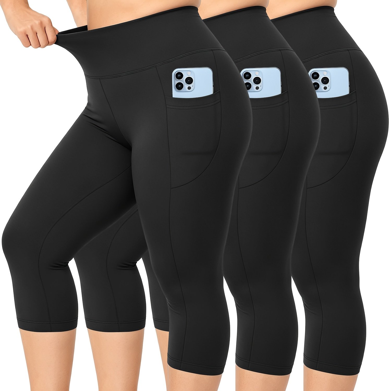 3-pack Women's Plus Size Capri Leggings, Yoga Pants With Pockets, Quick-dry Tummy Control Workout Pants, High Stretch Athletic Pants For Daily Casual & Outdoor Sports