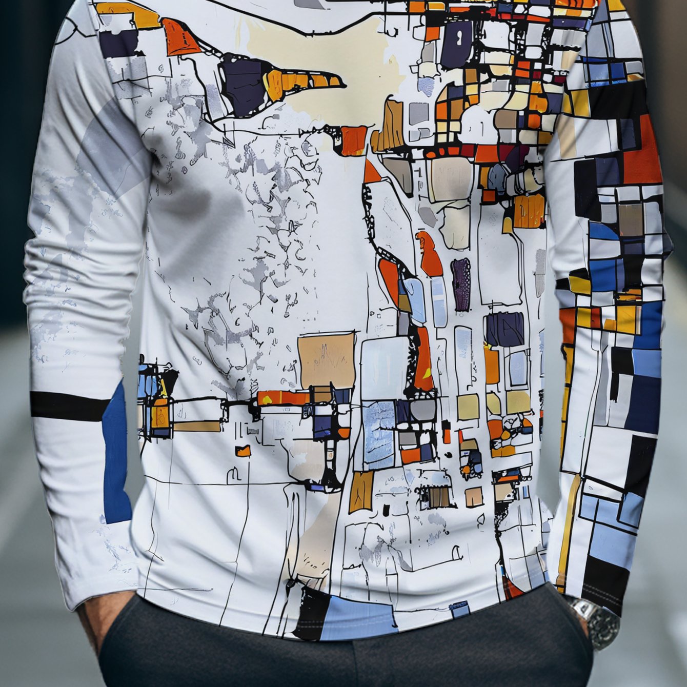 TEMU T-shirt à manches longues pour homme avec art géométrique , impression architecturale multicolore à divisées, haut décontracté