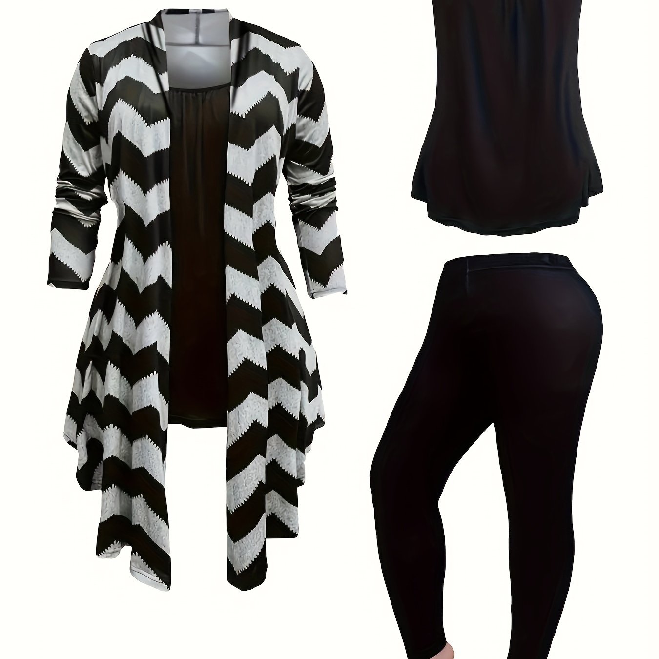 Image of Casual Daily Three-piece Set, Chevron Print Open Front Tops & Solid Sleeveless Cami Top & Slim Long Length Pants Outfits, Women's Clothing