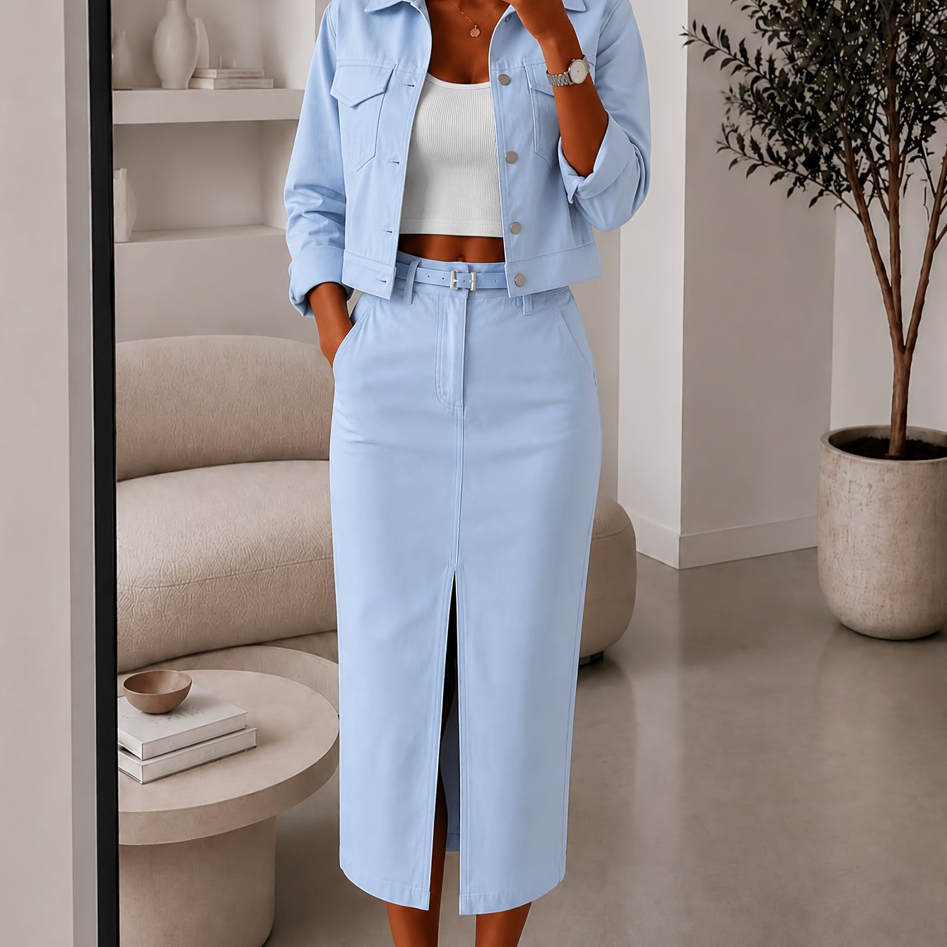 TEMU Autumn Winter Women's Skirt And Jacket Two-piece Set, Slit Midi Skirt And Short Jacket Long Sleeve Outerwear