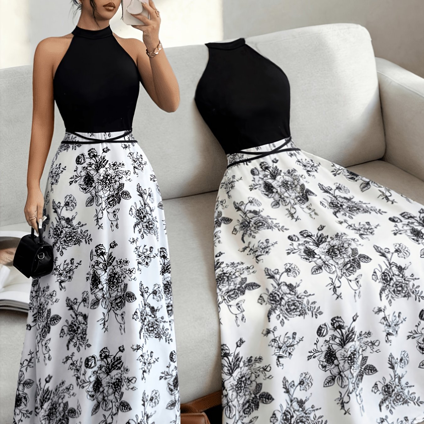 TEMU ASD1 Vestido para mujer sin de estilo francés con estilo de , diseño único estampado sin espalda, ajustado, con bloques de color y cinturón