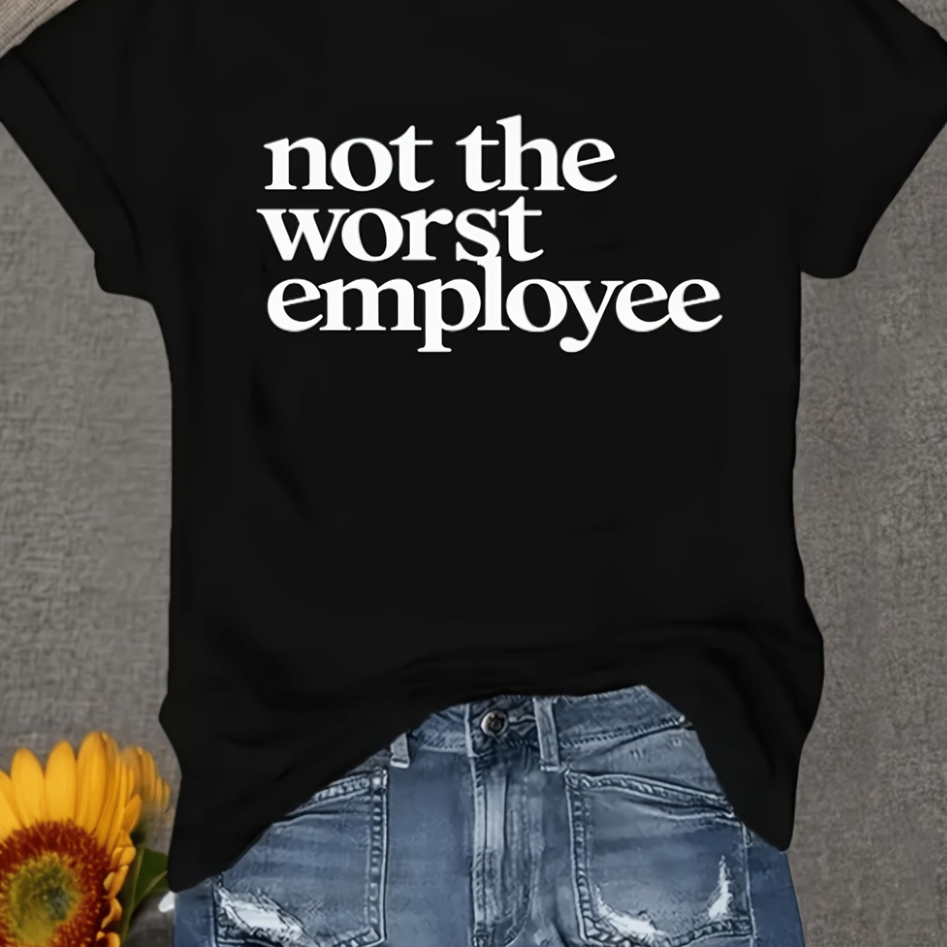 TEMU Not The Worst Employee Women's Regular Short Sleeve - Fun Cartoon Pattern Print, Round Neck Casual Versatile - Machine Washable, Fashionable