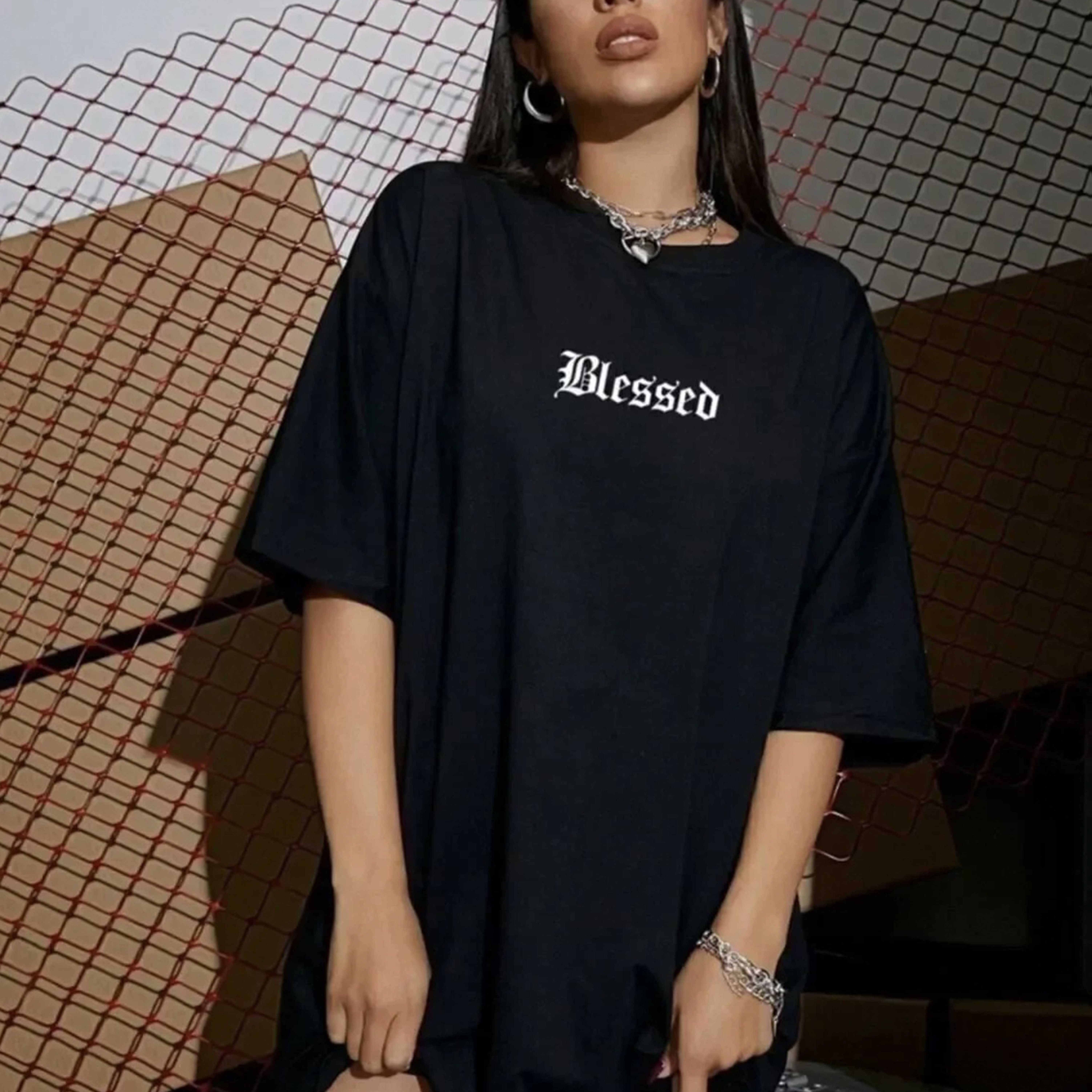 TEMU 2026 Spring/summer New Women's Gothic "blessed" Letter Pattern Drop Shoulder Loose T-shirt | Retro Street Style Casual Short Sleeves