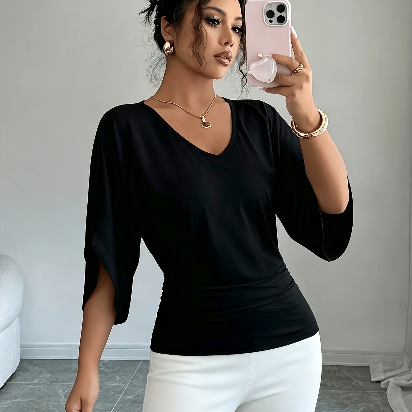 TEMU Grande Taille - T-shirt Femme Col V Volantée Manches Chauve-Souris Couleur Unie Manches Courtes