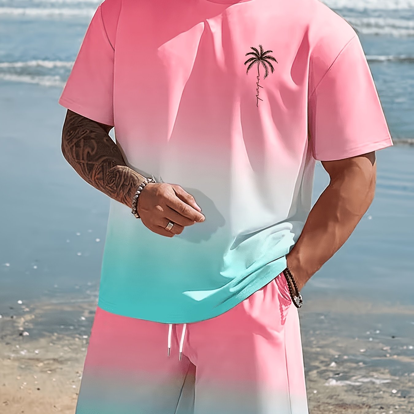 TEMU 2pcs 1-set Men's Casual Sportswear, Hawaiian-style Gradient Design, Round Neck Short-sleeved T-shirt And Elastic Waistband Shorts, Suitable For
