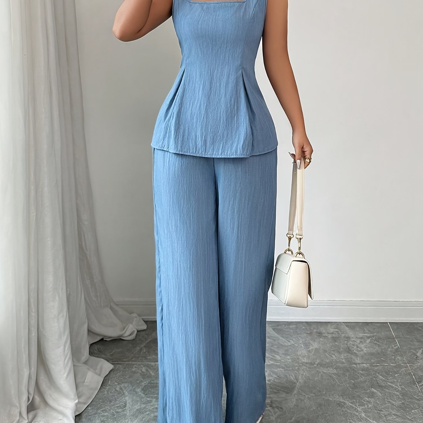 2pcs Set Women Outfits, Casual Solid Color Elegant Sleeveless Square Neck Top & High Waist Wide Leg Pants Two-piece Set, Women' Office Wear Clothing
