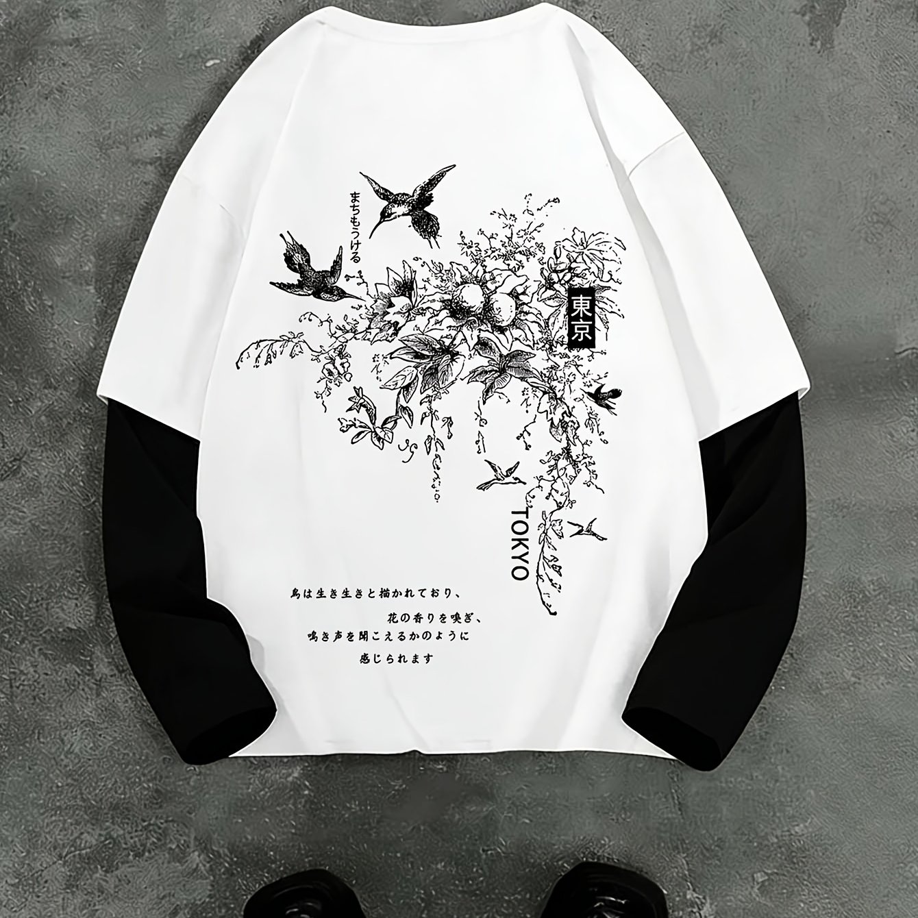 TEMU Men's Style Fake Two-piece Long Sleeve Trendy Letter Print Top, Fall Outdoor Sports Casual Wear