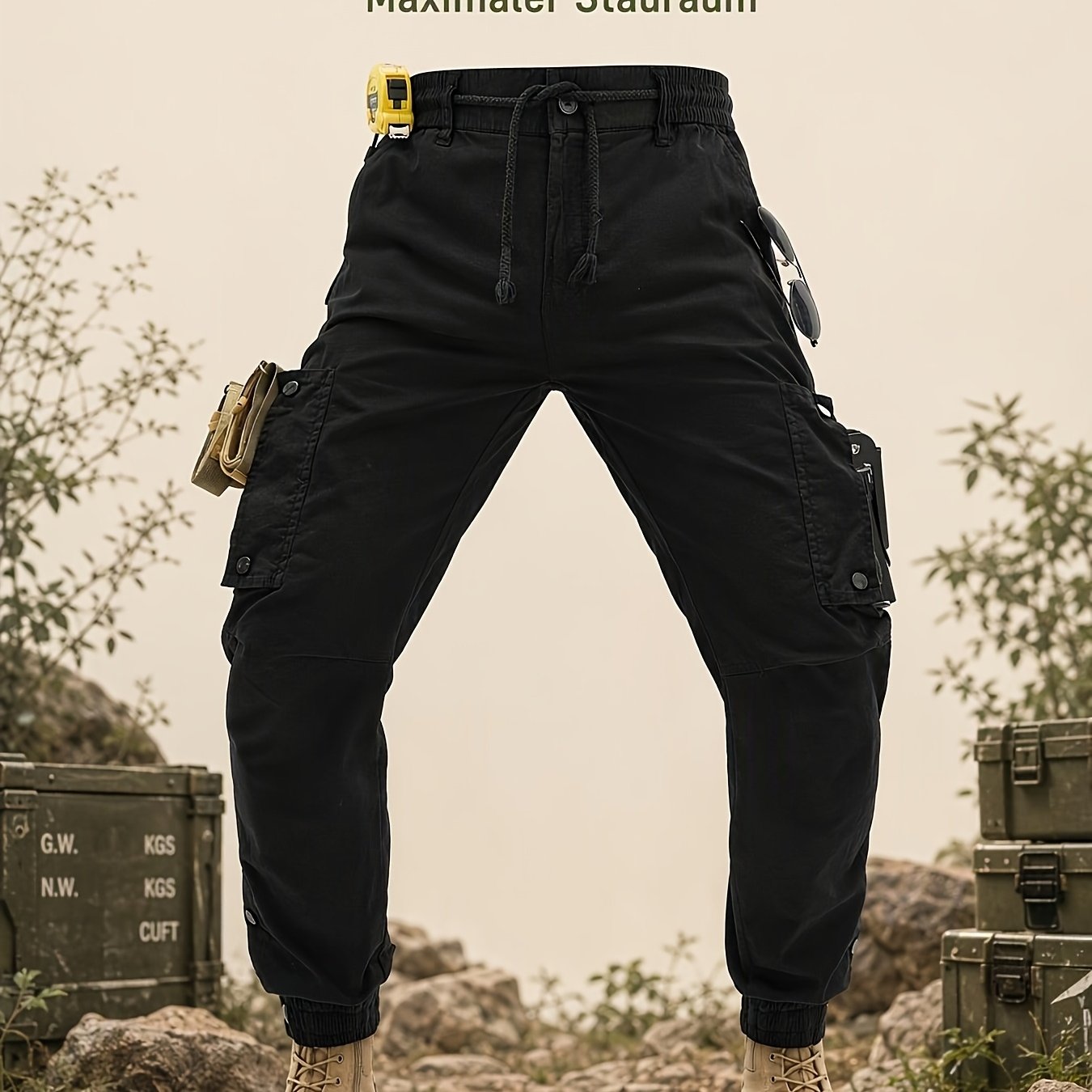 Image of Multi-pocket Drawstring Elasticated Hem Cargo Pants Suitable For Outdoor Casual Daily Wear