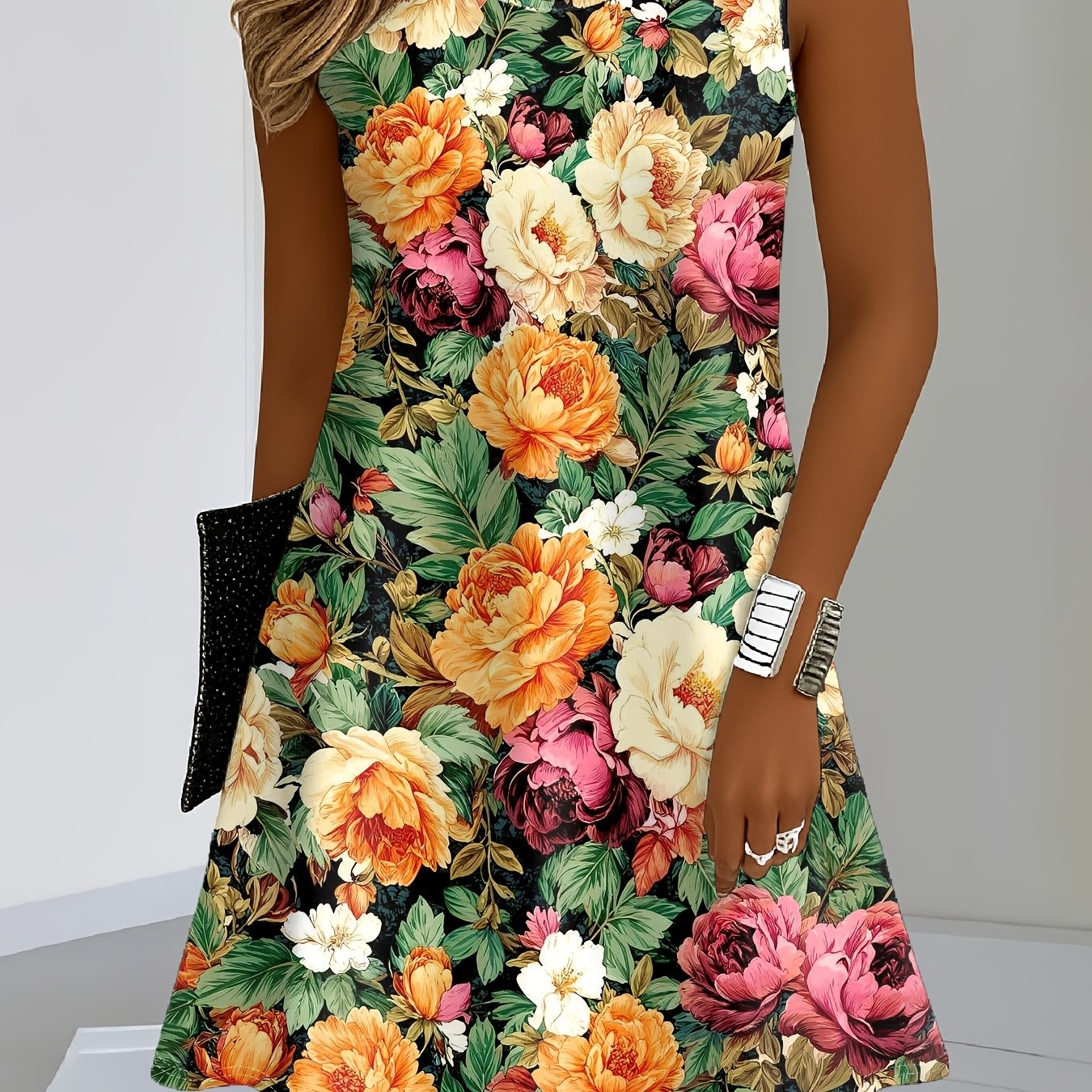 TEMU Women's Sleeveless Round Neck Printed Dress, A-line Skirt With Floral Print, Made Of Fabric