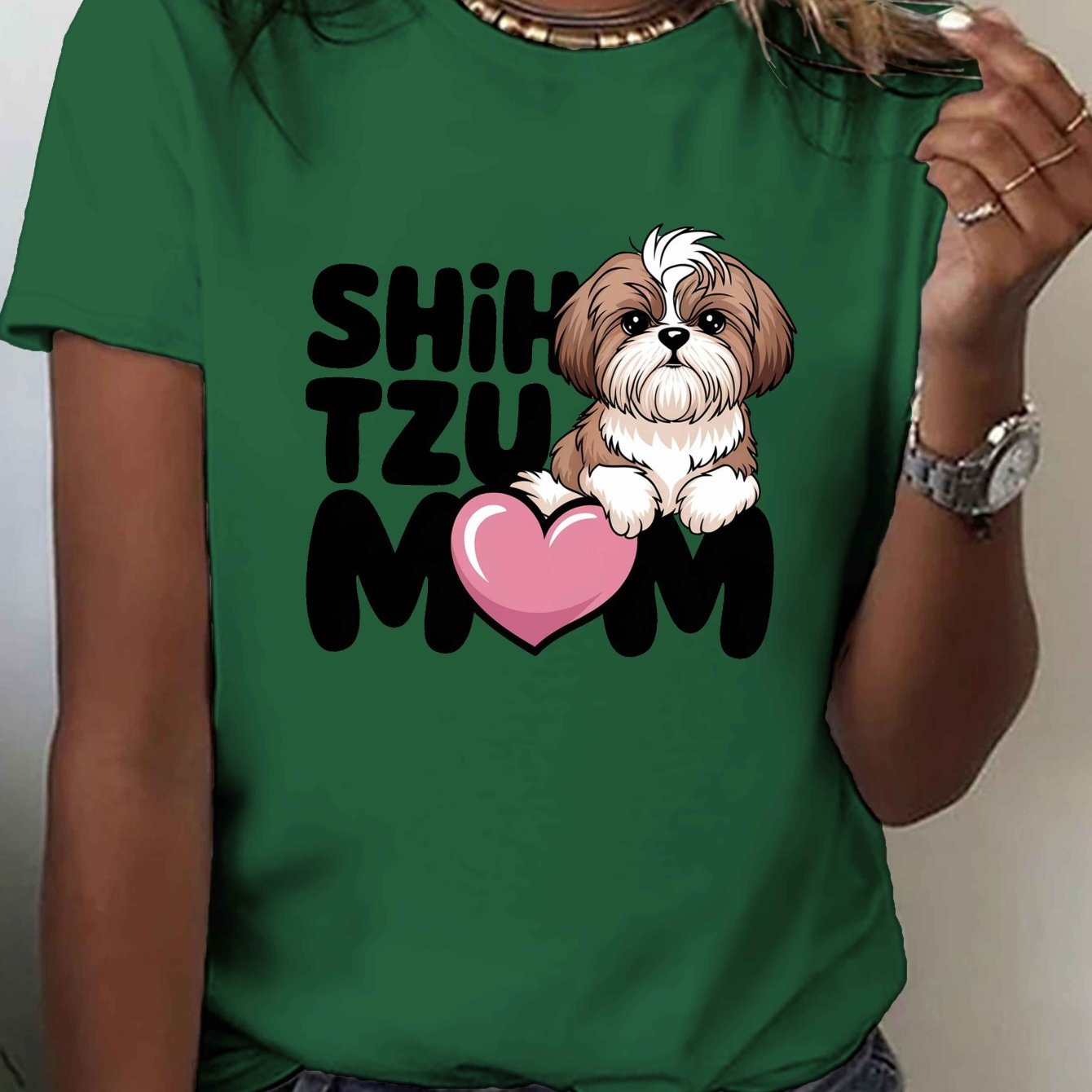 TEMU Women's Shih Tzu Mom Graphic T-shirt - Cute Dog Print Short Sleeve Crew Neck Casual Top, Green With , , Dog
