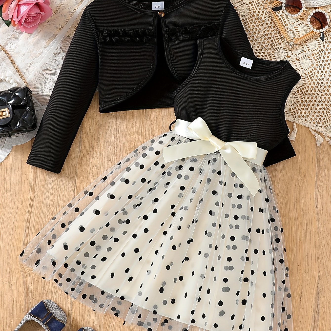 Coviviky Two-piece Girls' Four-season Thin Fashionable Elegant Set Solid Color Lace Long Sleeve Cape With Vertical Stripe Vest Polka Dot Mesh Fleece Dress Suit With Belt, Perfect For Outdoor