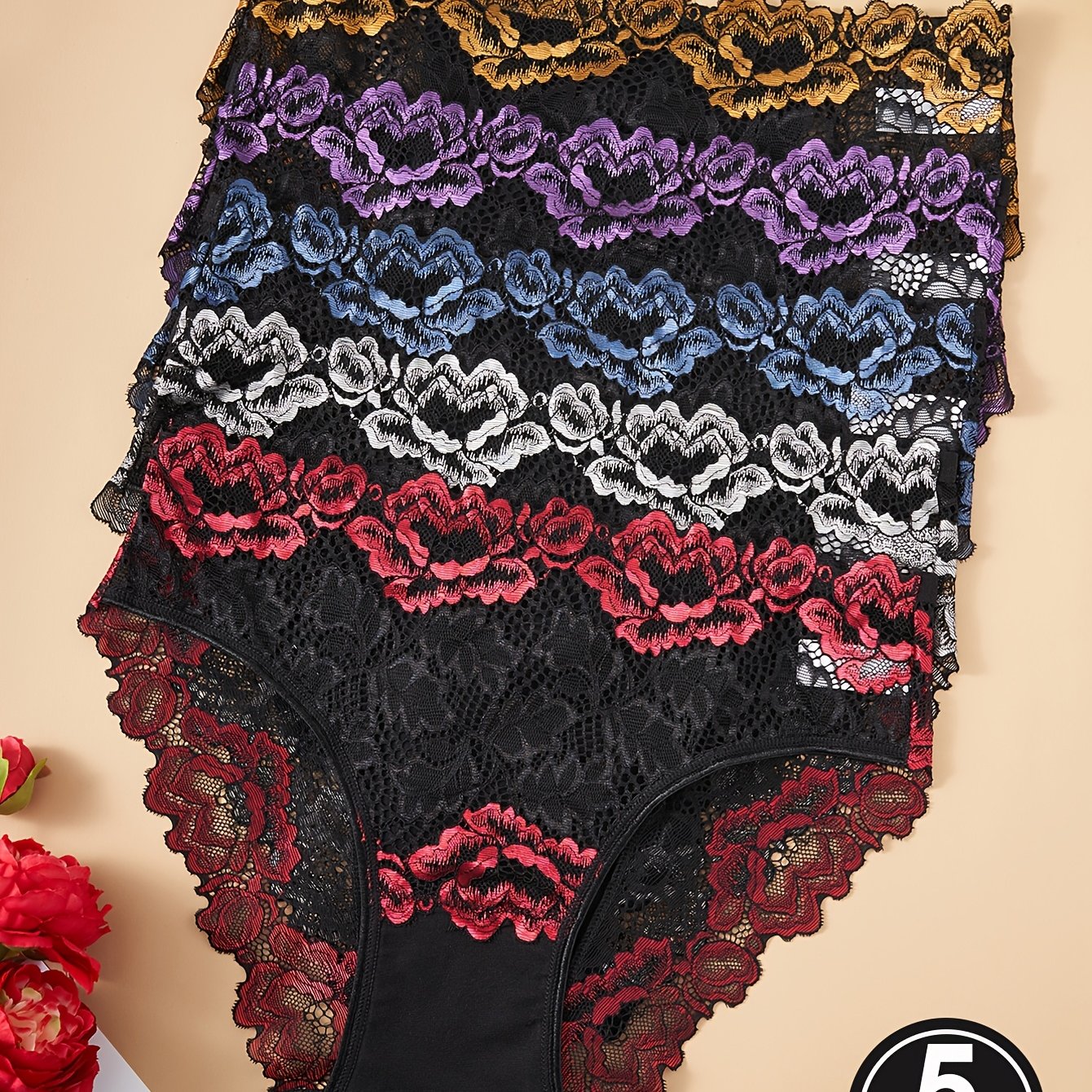 5pcs Embroidery Big Flower Panties Mid-waist Underwear Women's Briefs