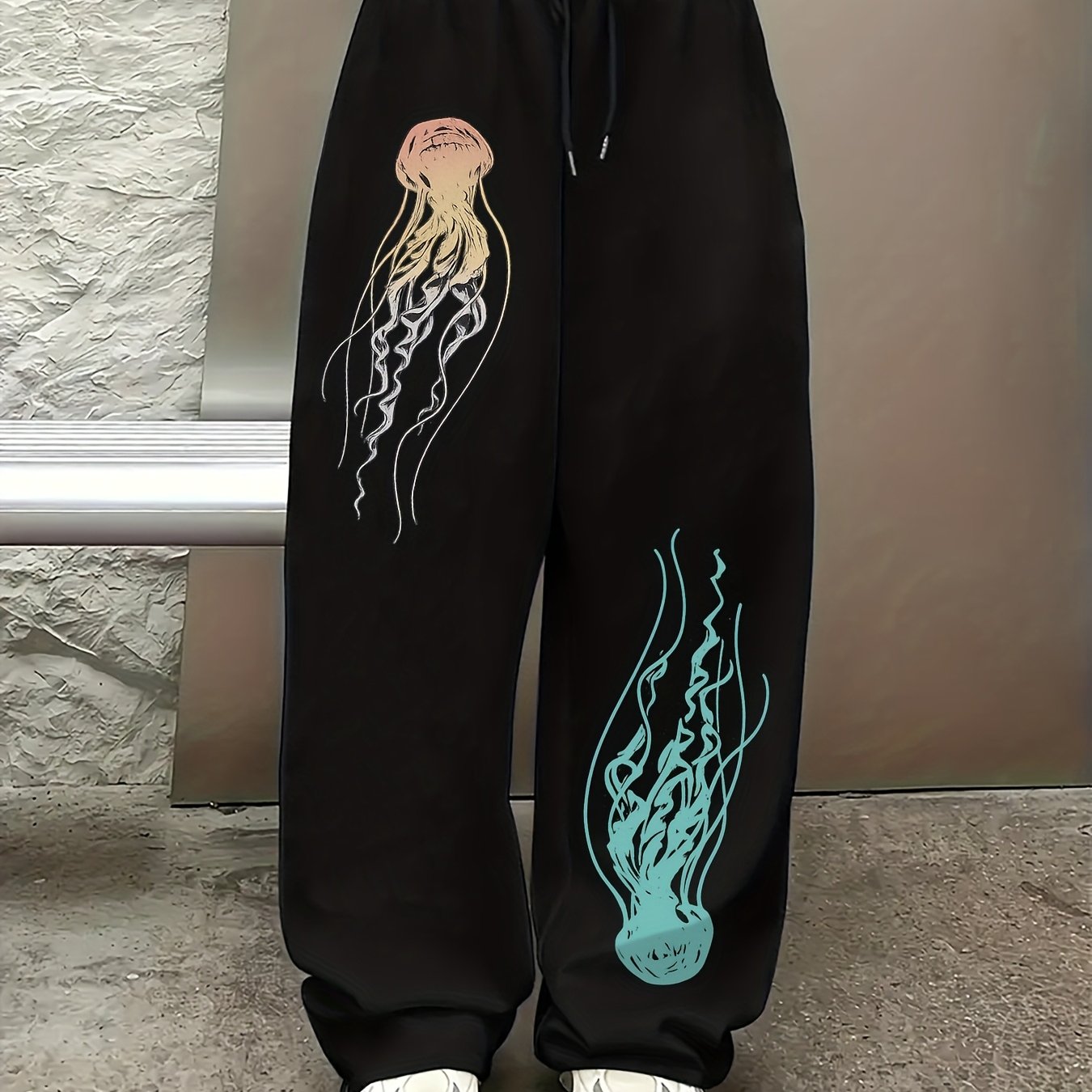 TEMU Street Style Gradient Jellyfish Pattern Print, Casual Athletic Straight Leg Trousers, Elastic Waist Drawstring Wide Leg Long Pants Women's