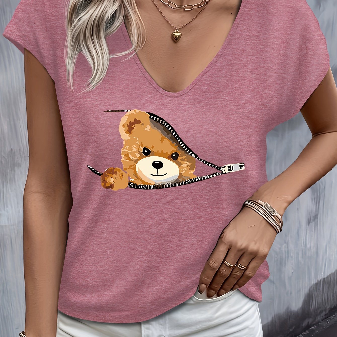 TEMU Cute Teddy Bear Pattern Cartoon Bear Spring/summer Vest-style V-neck Sleeveless T-shirt