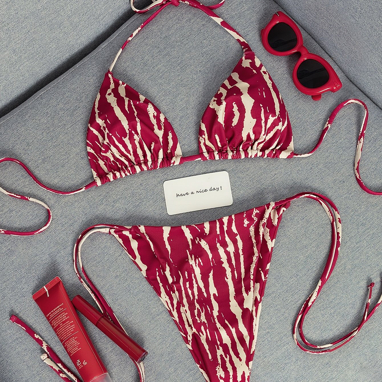TEMU 2026 New Stylish And Sexy Two-piece Set, Full-body Wood Grain Print Women's Bikini Swimsuit For Pool And Beach Vacations And Summer