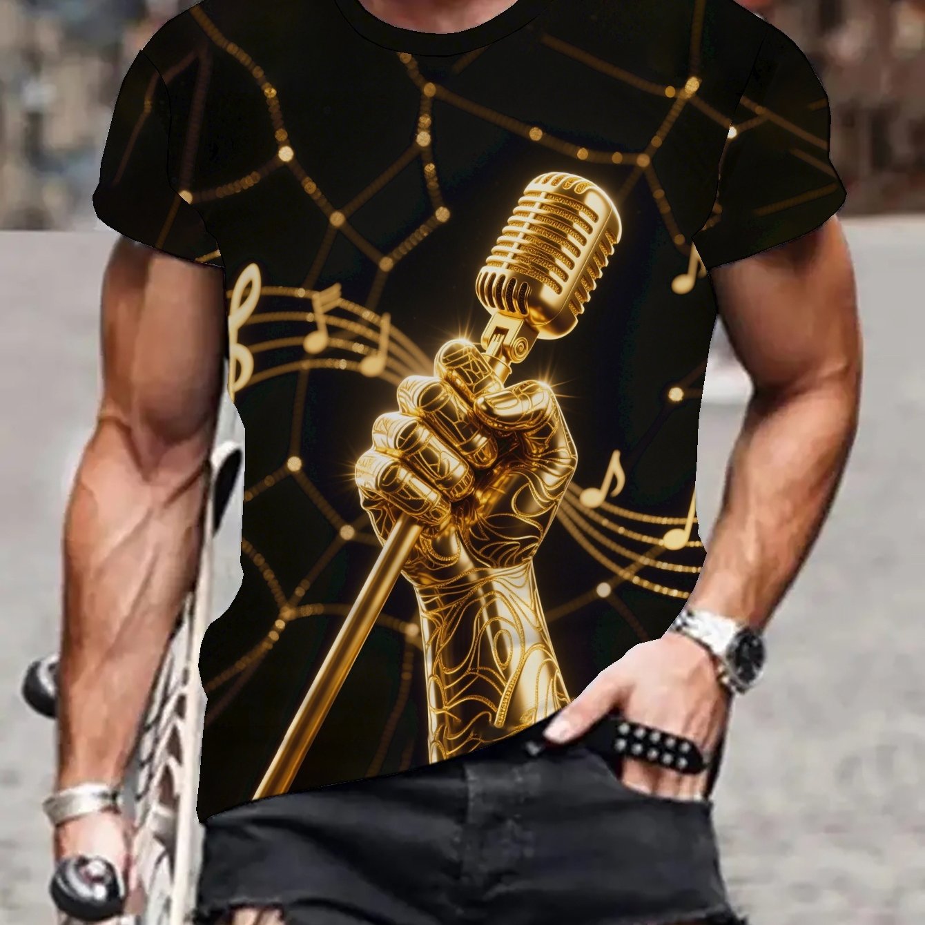 TEMU Men's With Golden Microphone & Music Notes Design - 3d , Round Crew Neck, Short Sleeve, Casual Summer Tee, Music T Shirt