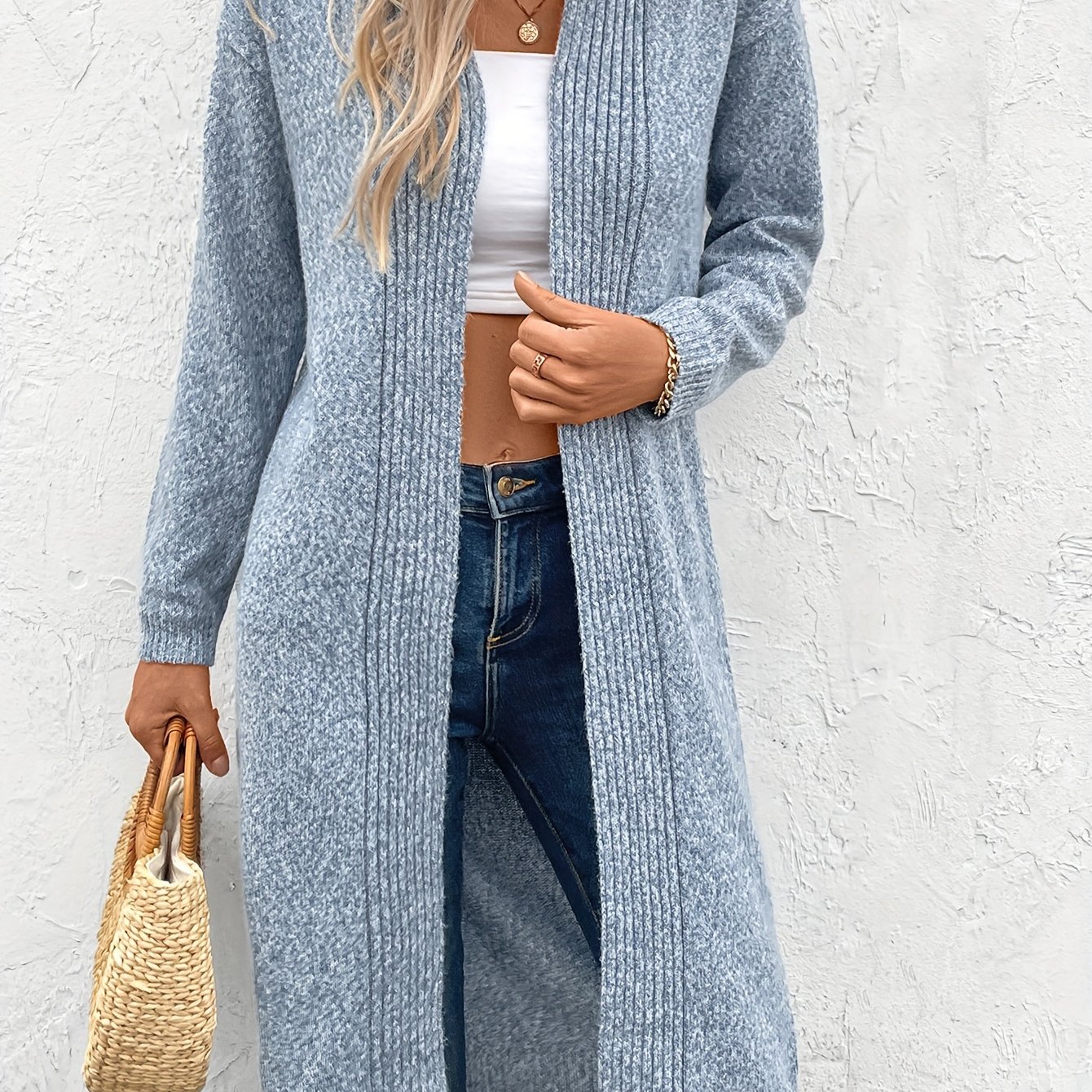 Image of Knitted Open Front Midi Length Cardigan, Long Sleeve Loose Cardigan, Women's Clothing