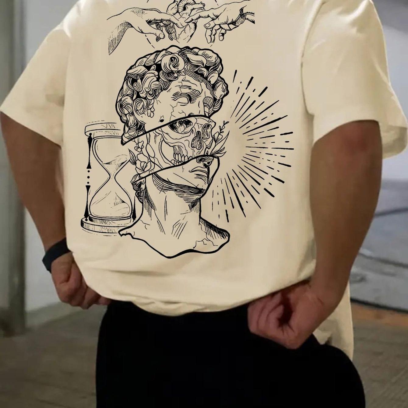 TEMU 1pc Men's Short Sleeve T-shirt - American Art Dark Style Men's Plaster Print Short Sleeve T-shirt, Heavy Wrinkle-resistant Stiff Fabric, To