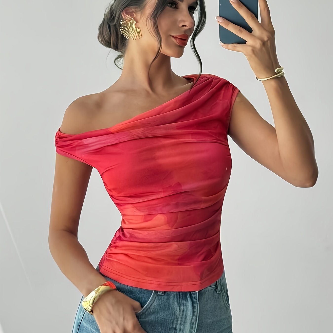 E-shop Damen Ombre Ganzkörperdruck Bluse mit asymmetrischem Ausschnitt - Boho Beach to Date Top mit asymmetrischem Saum Schulterausschnitt,