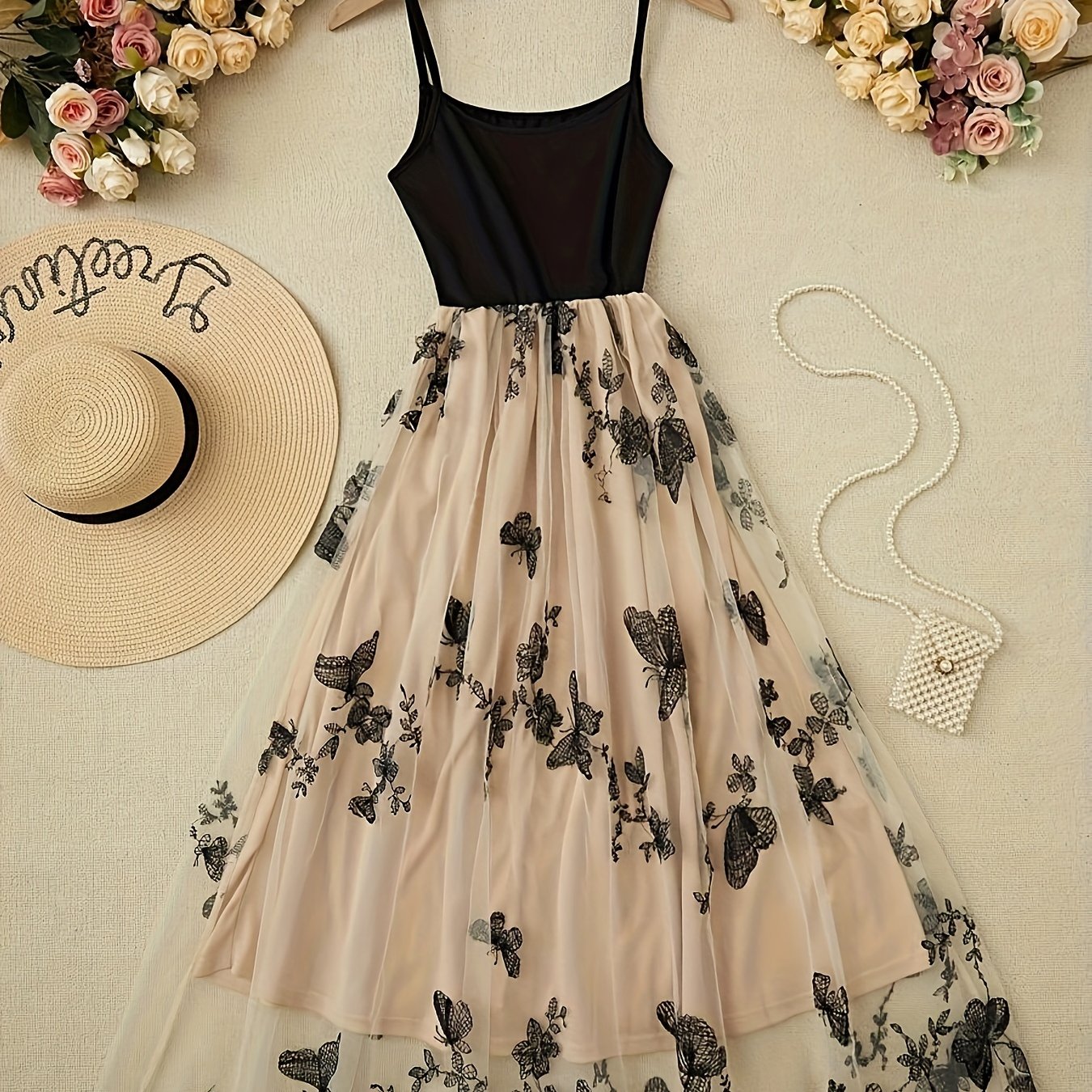 TEMU Elegant Women's Lace & Tulle Embroidered Cami Dress - Sleeveless, Backless Design With Floral Patterns, Events