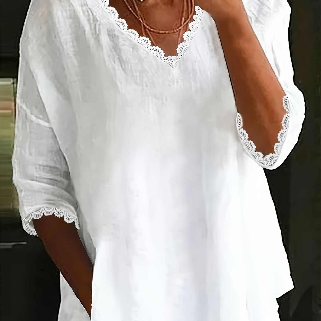 Loose Solid Color V-neck Lace Half-sleeve Pullover