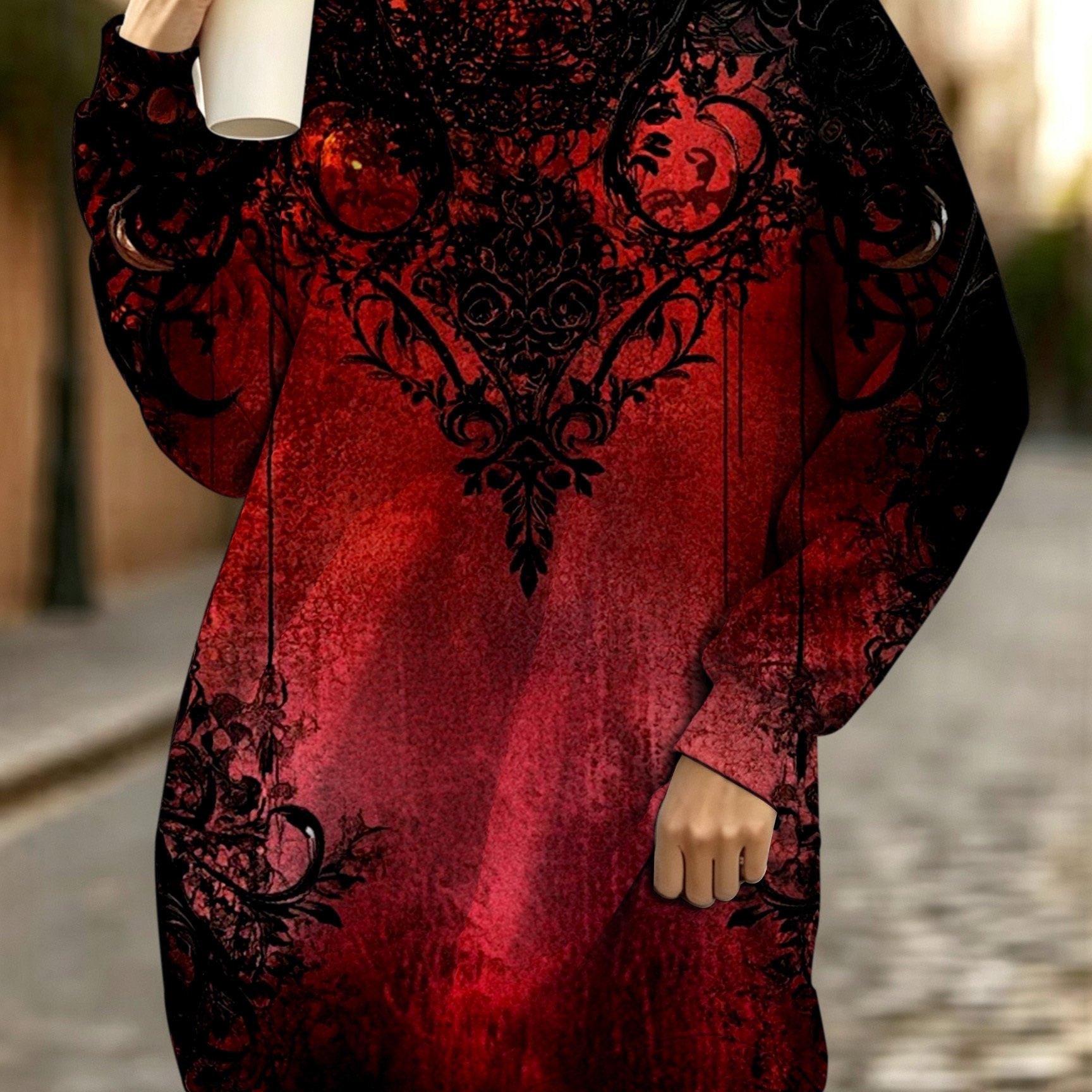 Image of Plus Size, New Arrival Women Autumn Neck Long Sleeve Sweatshirt Dress Retro Atmosphere Style Fashion Versatile With Unique Sense Machine Washable Wine Christmas Texture Print Suitable For Daily Career