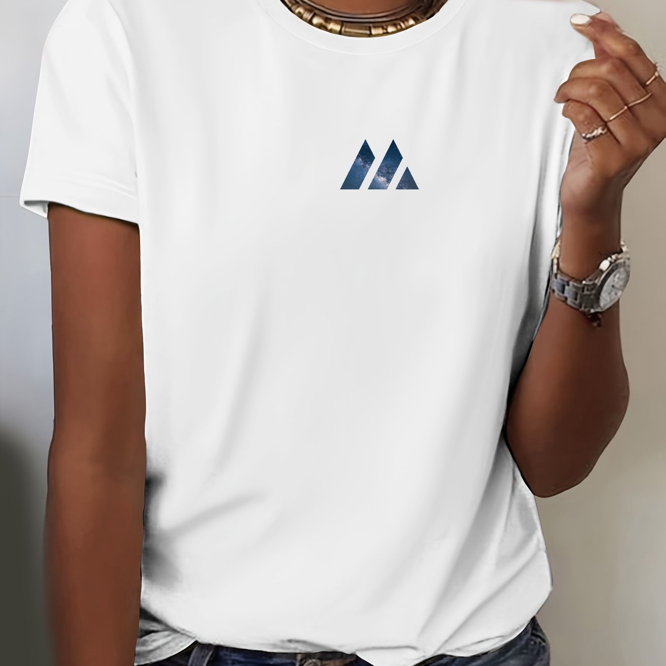 TEMU Summer Women's Short Sleeve, Starry Mountain Print, Summer Outing, Home Office, Daily, Comfortable Fabric, Trendy Casual Versatile Women's