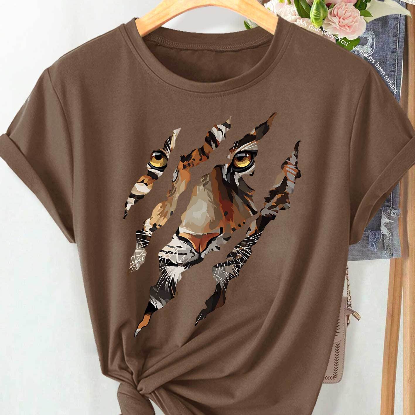 TEMU Easy Elegant Women's Summer Wear, Ripped Tiger Face Print Individual Round Neck Fresh Casual All-match Round Neck Soft Fabric High-quality