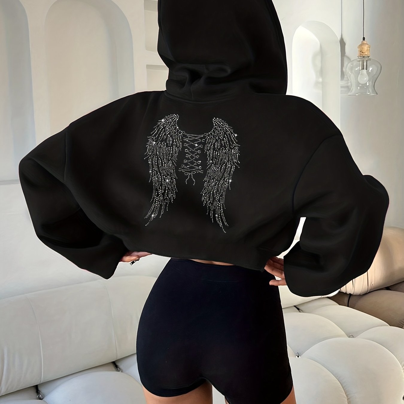 TEMU Casual Diamond Wing Fashion Printed Short Zip-up Hoodie For Autumn And Winter