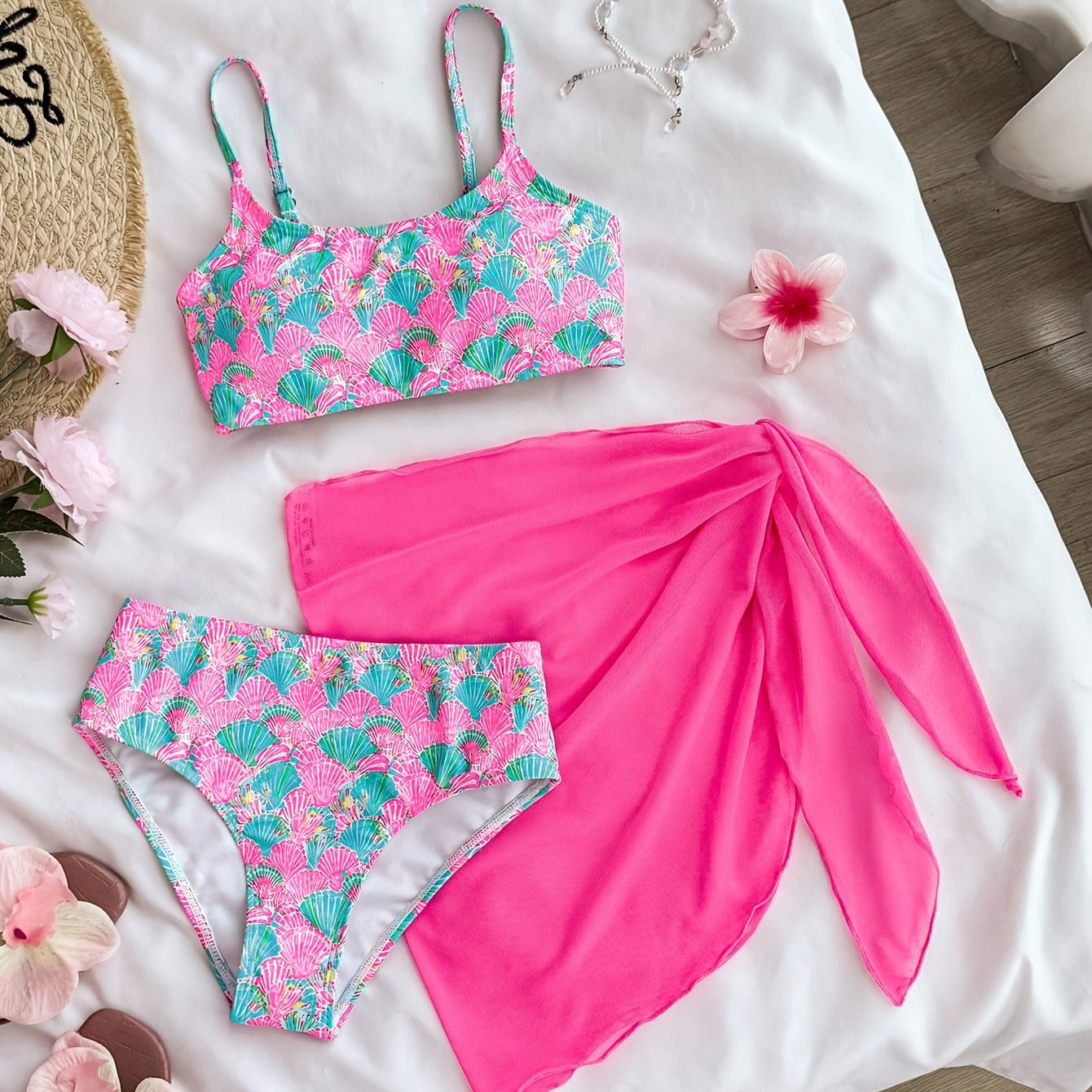 TEMU Teen Girls Bikini Set Summer Separates Swimwear Beach Vacation Swimsuit 3pcs Outfit, Camisole Bikini Set Swimming Pool, For Teenager, For