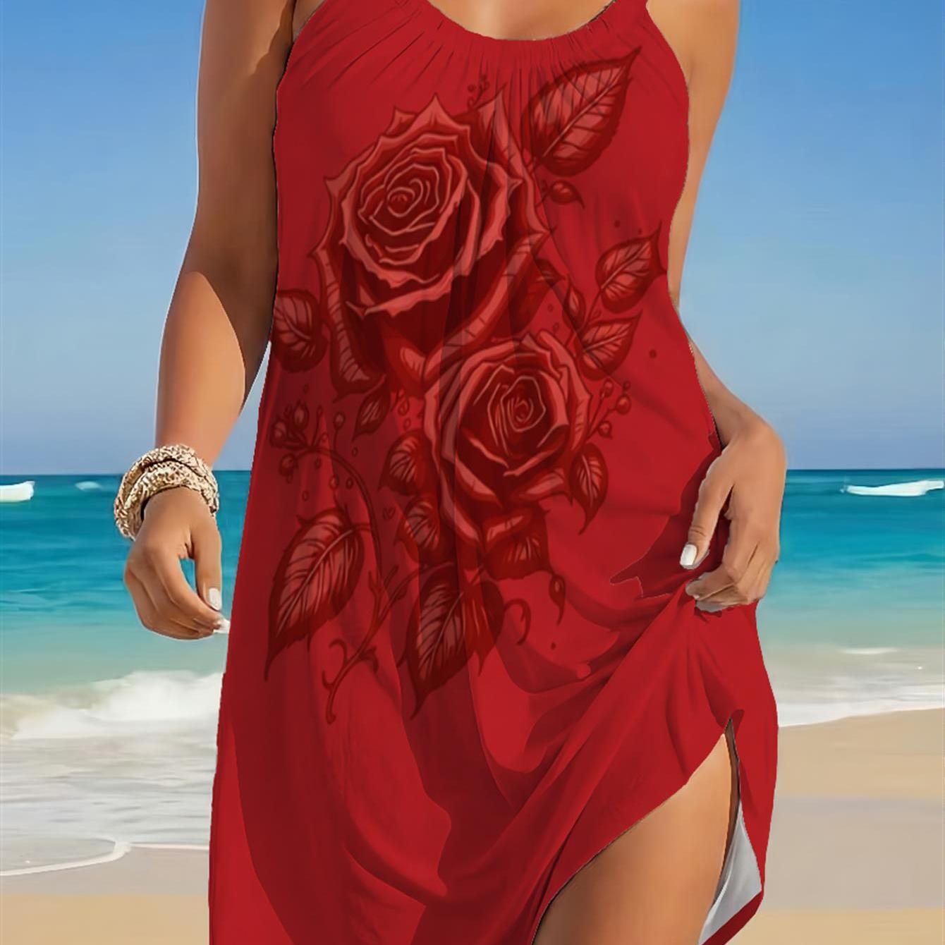 Image of Women's Elegant Rose Botanical Print Halter Dress - Vintage-inspired Floral Pattern With Intricate Vine Details, Romantic A-line Summer Tank Dress
