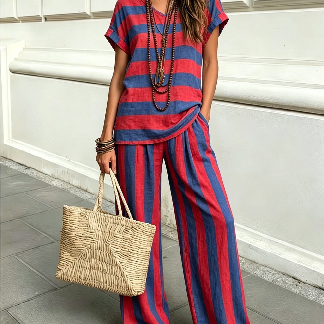 Image of Women'-piece Set Spring Summer Autumn Color Block Striped V-neck Short Sleeve Loose Wide-leg Silhouette Casual Comfortable Breathable Strong Drape Suitable For Daily Beach Vacations Commuting Shopping