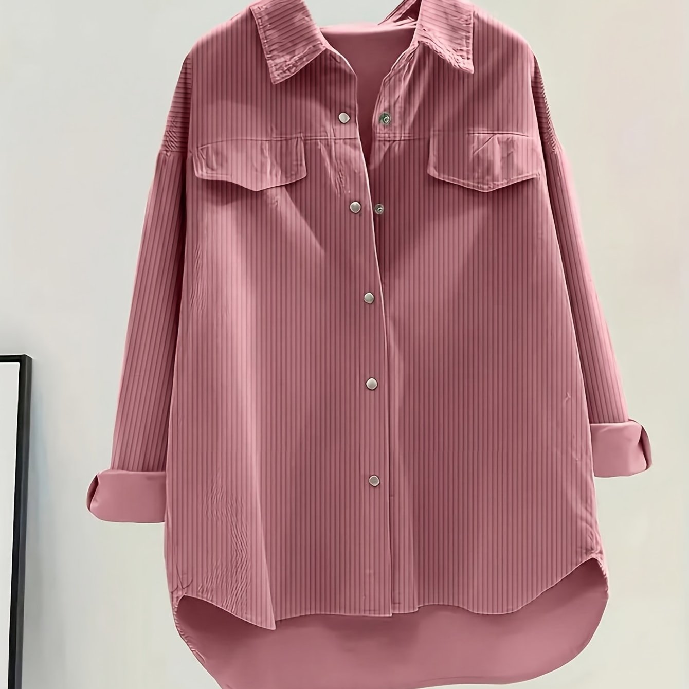 Image of Women' Color Collar Button-front Shirt With Fake Pocket - Long Sleeve Casual Button- Blouse For Professional & Casual Attire, Versatile Solid Color Shirt (non-stretch)