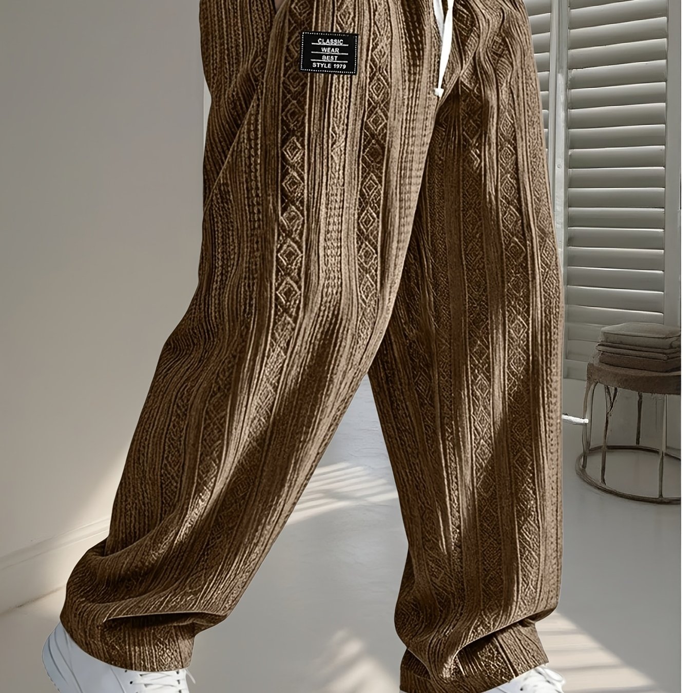 2026 Men's Jacquard Knit Wide Leg Casual Trousers With Elastic Drawstring Waist, Straight Loose Fit, Vintage Textured Sweatpants
