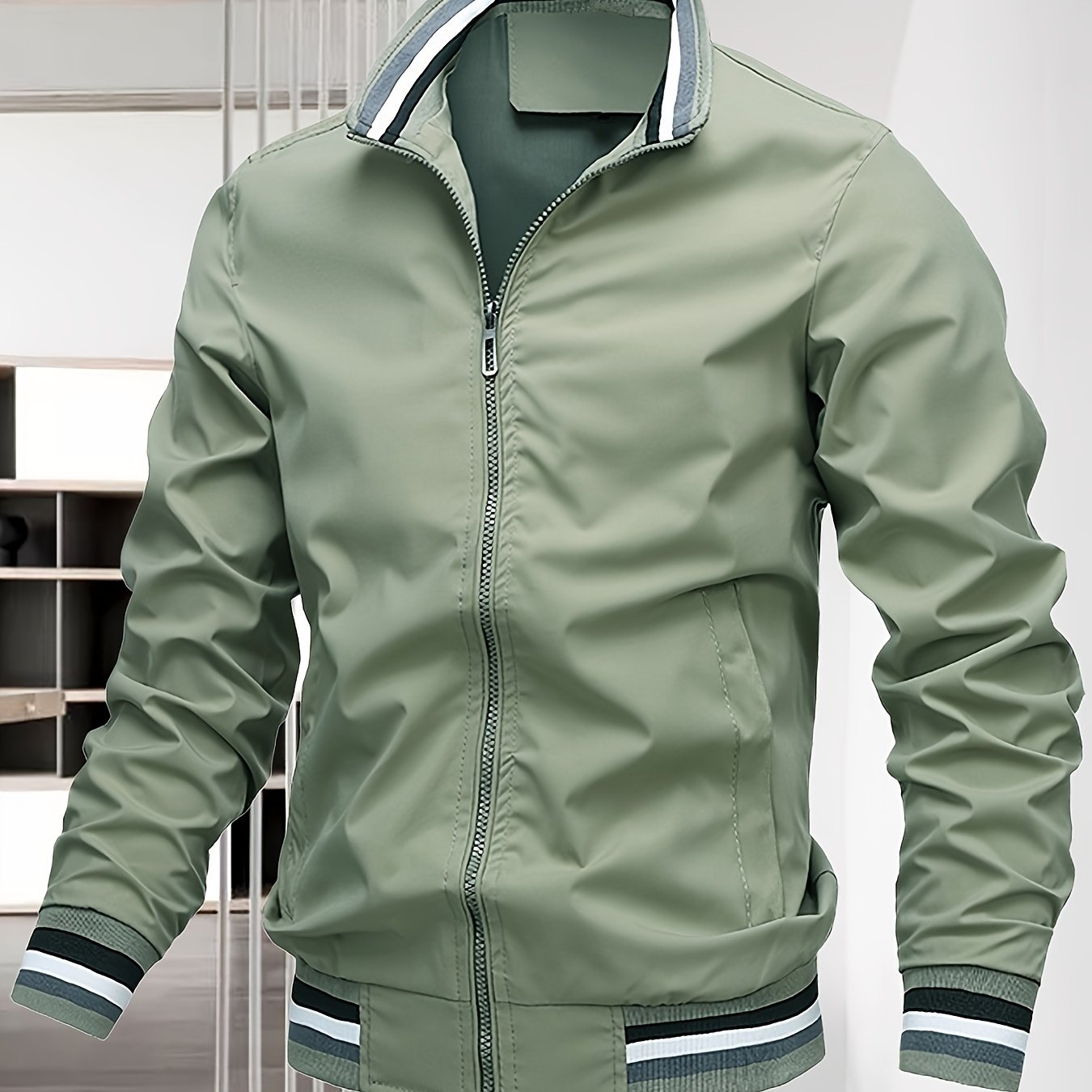 Men's Windbreaker Jacket Casual Zipper Long Sleeve Stand Collar Pockets Jackets For Outdoors