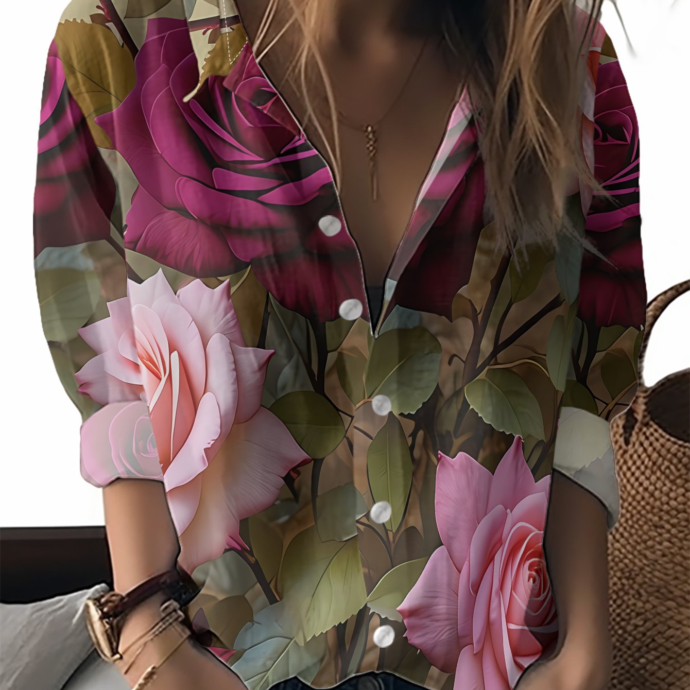 TEMU New Women's Long-sleeve Shirt With Delicate Pink-purple Rose Print, And Green Leaves For A Look, Versatile Casual Top For Holidays, Parties, And