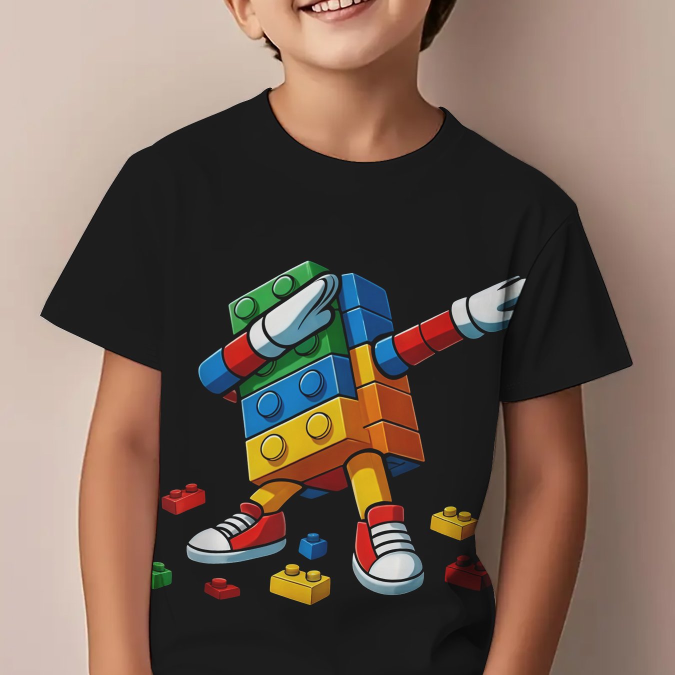 E-shop Modisches, vielseitiges T-Shirt mit Baustein-Personenmusterdruck für Jungen und Mädchen, neu, individuelles, Muster, kreatives, einfaches