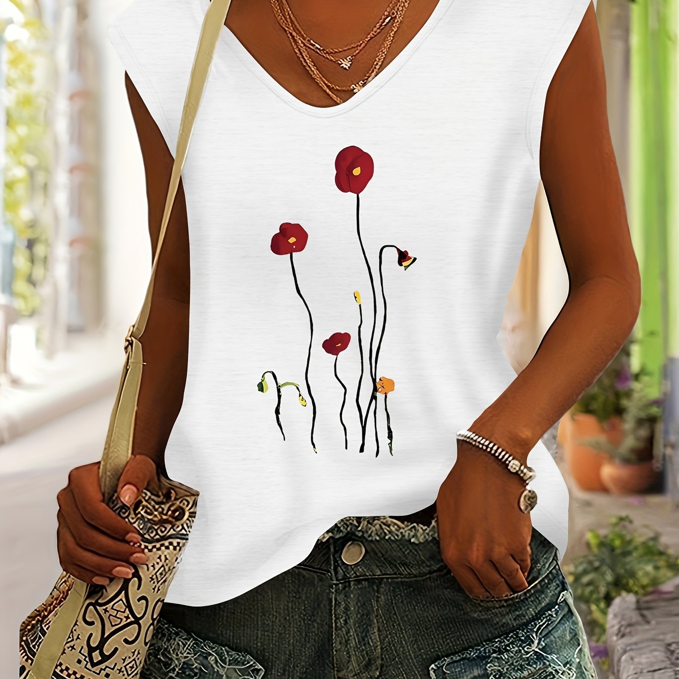 TEMU Women's Floral Print Top For Spring/summer, Daily Versatile Simple Comfortable Fashionable Casual Colored V-neck Short-sleeve T-shirt