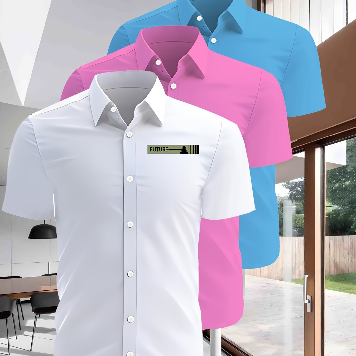 TEMU 3pcs Men's Summer Short-sleeved Shirt Set: A Lightweight And Breathable Solid-color Button- Shirt With A Collar, Suitable For Beach Vacations,