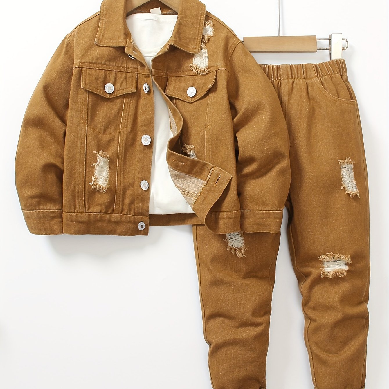 Image of Boys' Spring/autumn Denim Long Sleeve With Elastic Waist And Ripped Jeans Set, Perfect For Outdoor