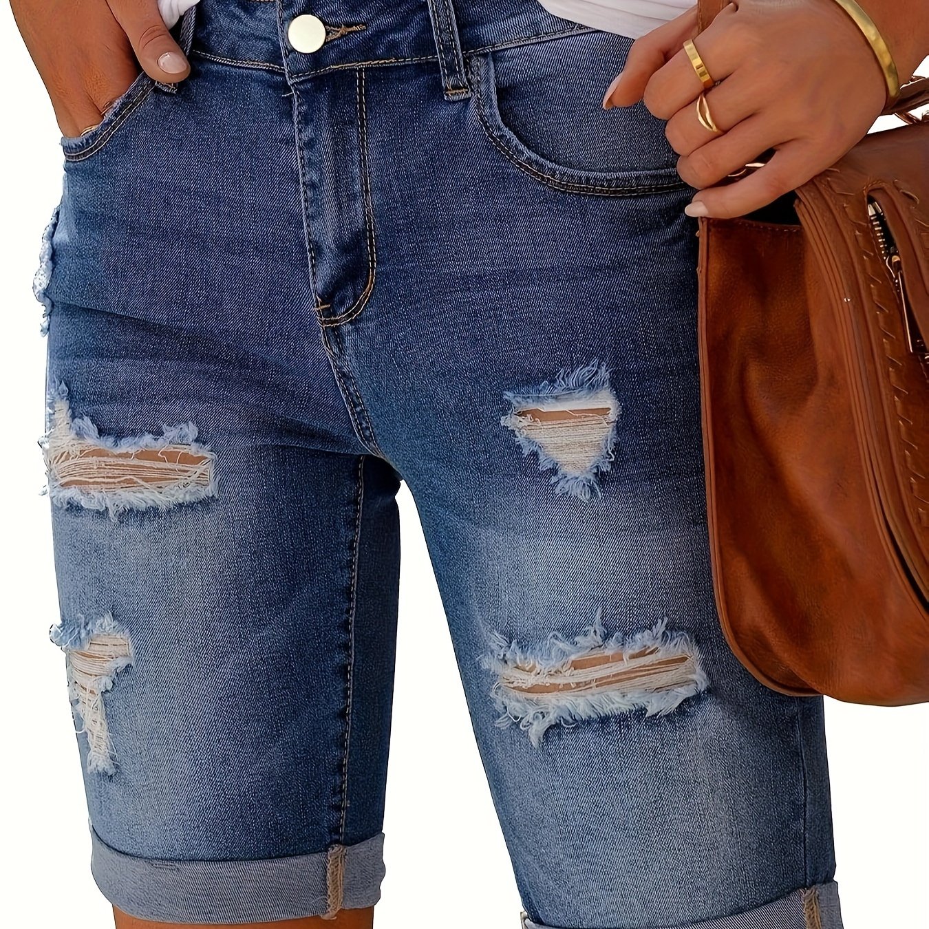 Image of New Women's Stretchy Ripped Denim Shorts In Mid-, Trendy And Casual