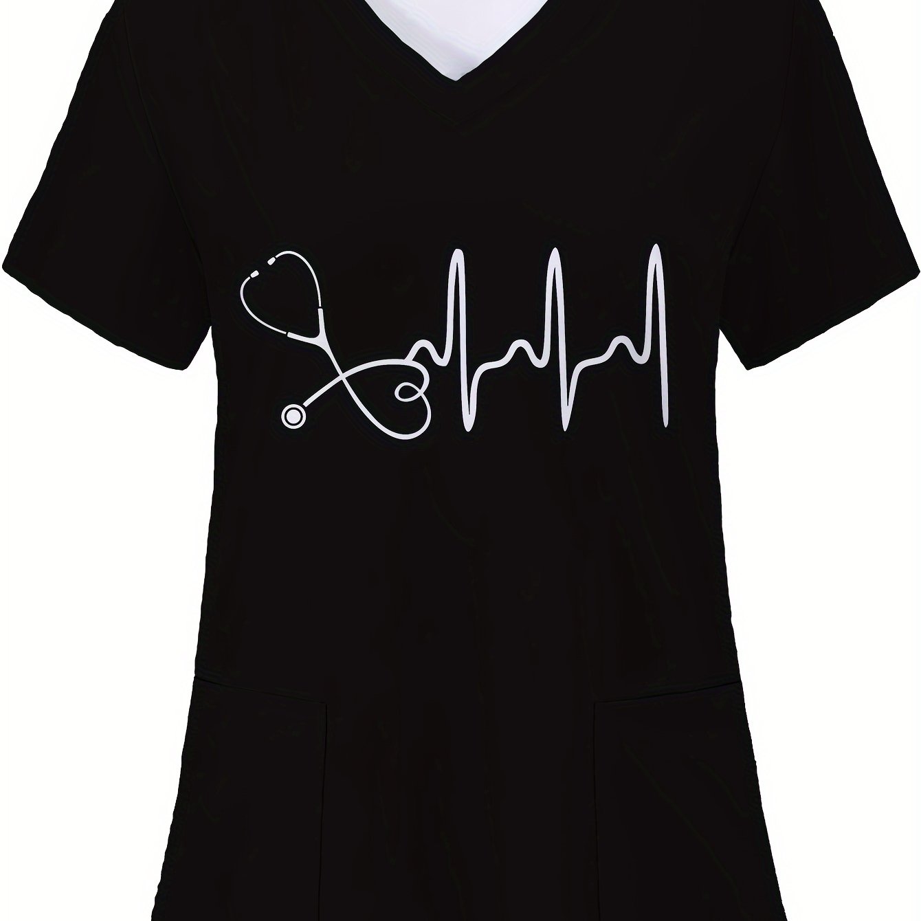 TEMU Plus Size, Women's Plus Size Stethoscope Print T-shirt, Fashion Casual Black V-neck Short Sleeve, Comfortable And Delicate Nurse Top