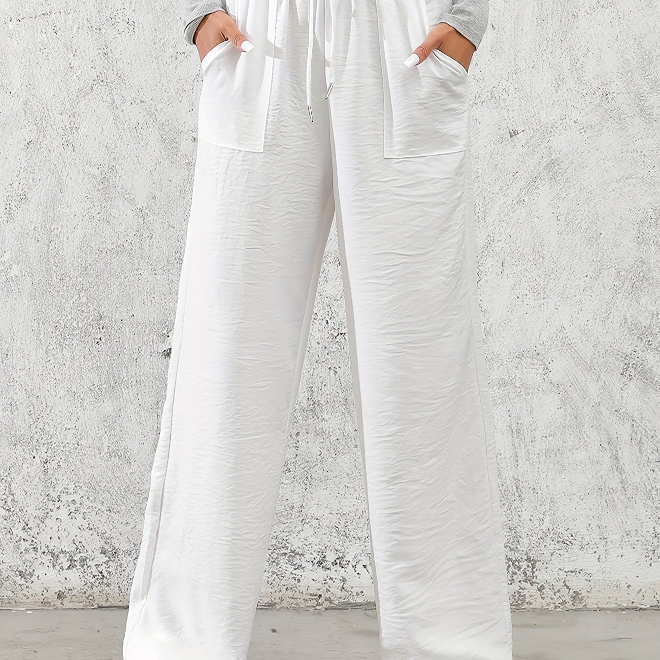 Solid Drawstring Wide Leg Pants, Casual Elastic Waist Slant Pocket Pants For , Women's Clothing