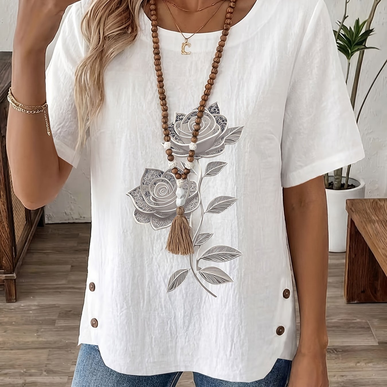 TEMU Spring/summer Women's Top, Metallic Style, Silvery Rose, Floral Vine, Elegant, Mature, Casual, Round Neck, Printed, Short Sleeve, Women's